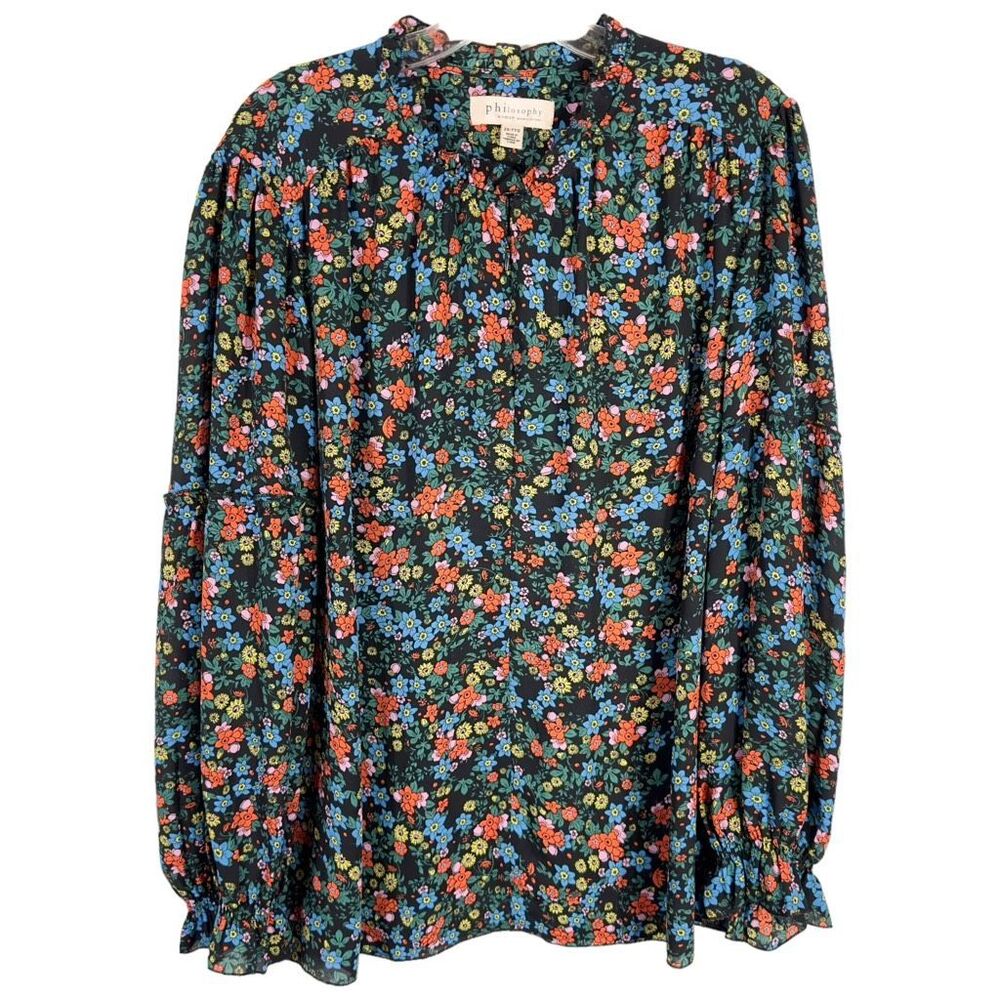 Philosophy Plus Size 2X Top Floral Ruffled Zip Long Sleeve Black Choker‎ 1112